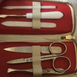 CompactGerman  Red Leather Manicure Set with Silver Tools
